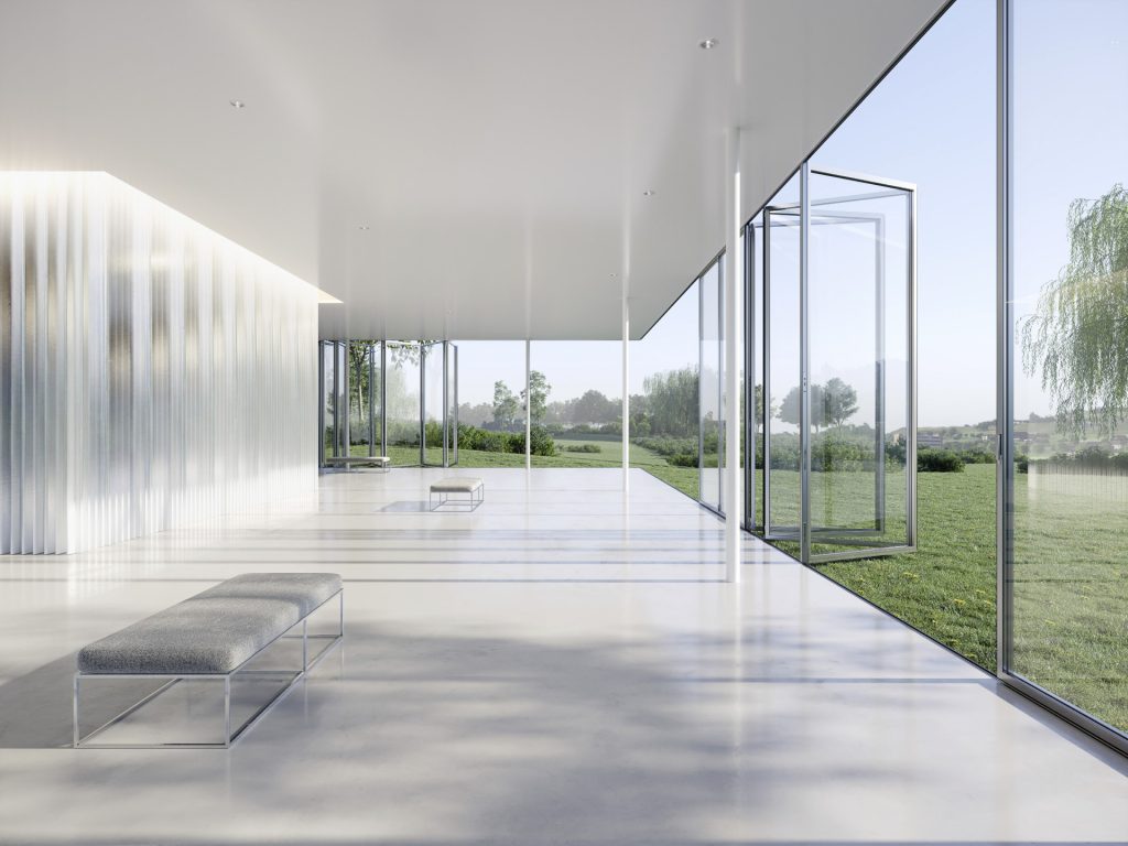 Solarlux highline bifolding doors with grey marble flooring.