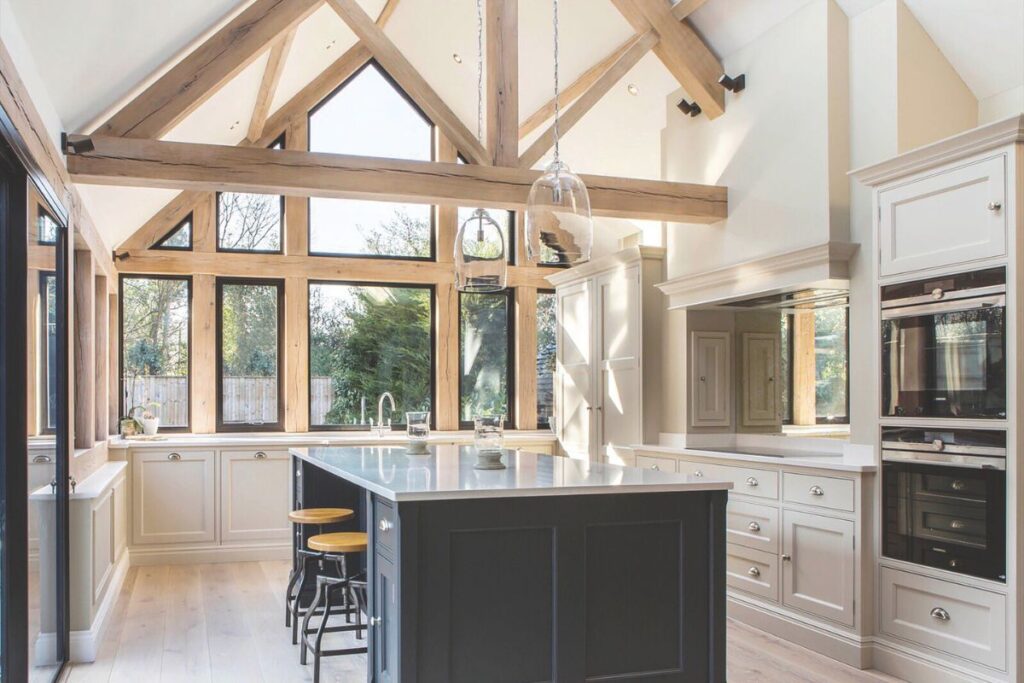 Aluco steel-look aluminium windows in a vaulted kitchen interior of a period property in Buckinghamshire